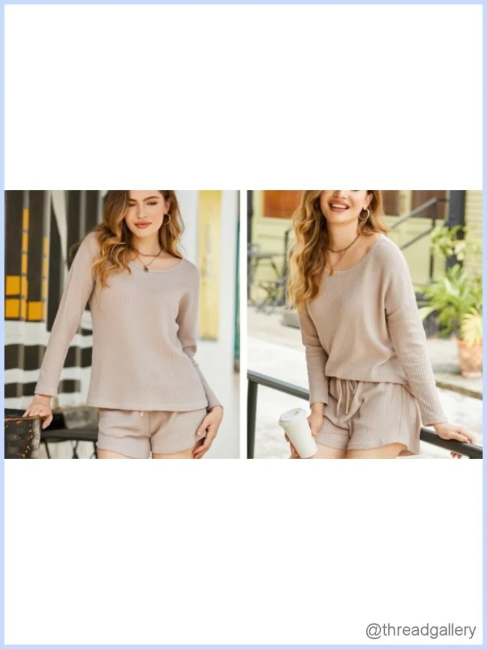 Waffle Knit Pajama Set Long Sleeve Top & Shorts Lounge Set